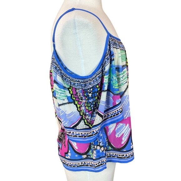 Flying Tomato Colorful Boho Print Semi Sheer Jewel Tone Cold Shoulder Top M - Picture 3 of 7